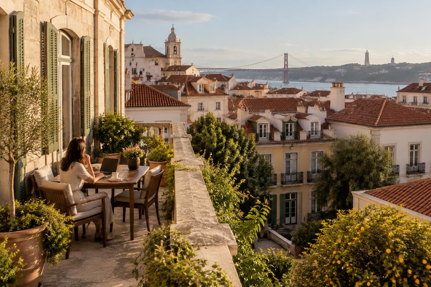 Editorial view of Lisbon rooftops, river and a quiet working terrace